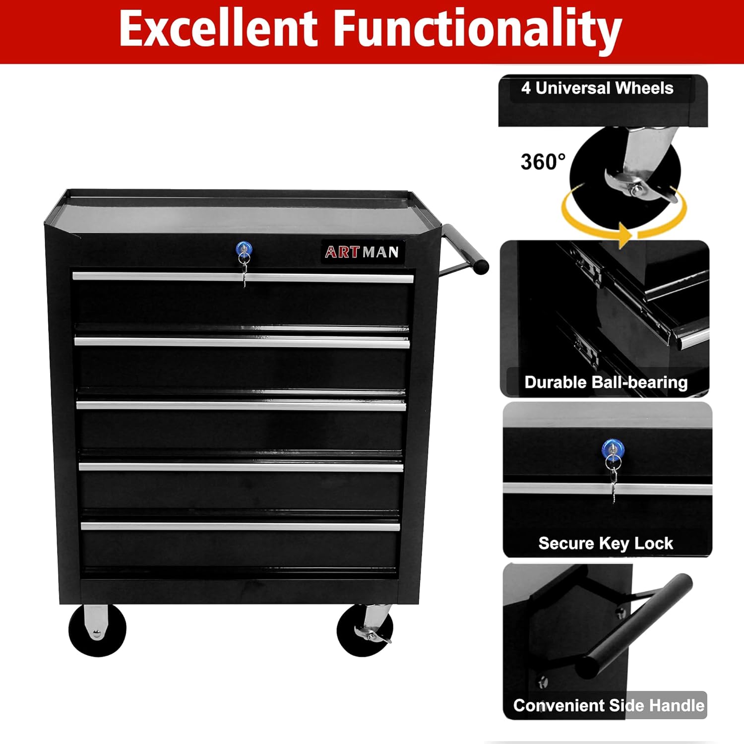 RYH 5Drawers Rolling Tool Chest & Tool Box on Wheels | Heavy Duty Metal Cart with Ball Bearing Drawers | Fits US General Tool Box for Garage Storage (Black, 5 Drawers（29.9" H × 24.2" W × 12.9" D)