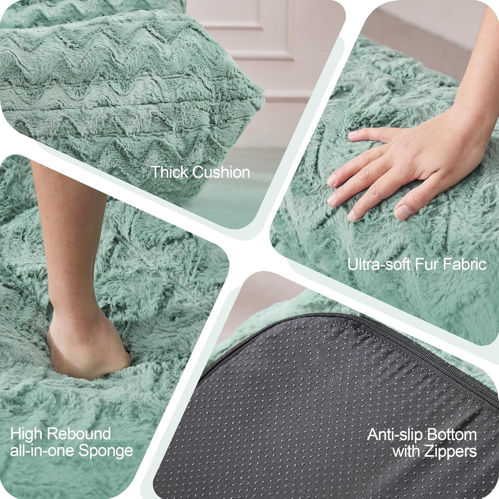 Bean Bag Chairs for Adults Giant Bean Bag Chair Memory Foam BeanBag Chair Bean Bag Sofa with Filler Faux Fur Fireside Beanbags Lazy Sofa for Living Room Bedroom Office (Green Chevron, 3-Seater)