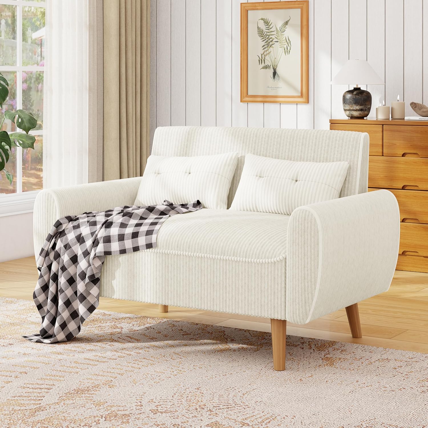 JAMFLY 47'' Small Loveseat Sofa, 2 Seat Compact Couch with Tapered Legs, White Upholstered Furniture, Solid Wood Frame, Comfy Foam Cushion, Easy Assembly for Small Spaces