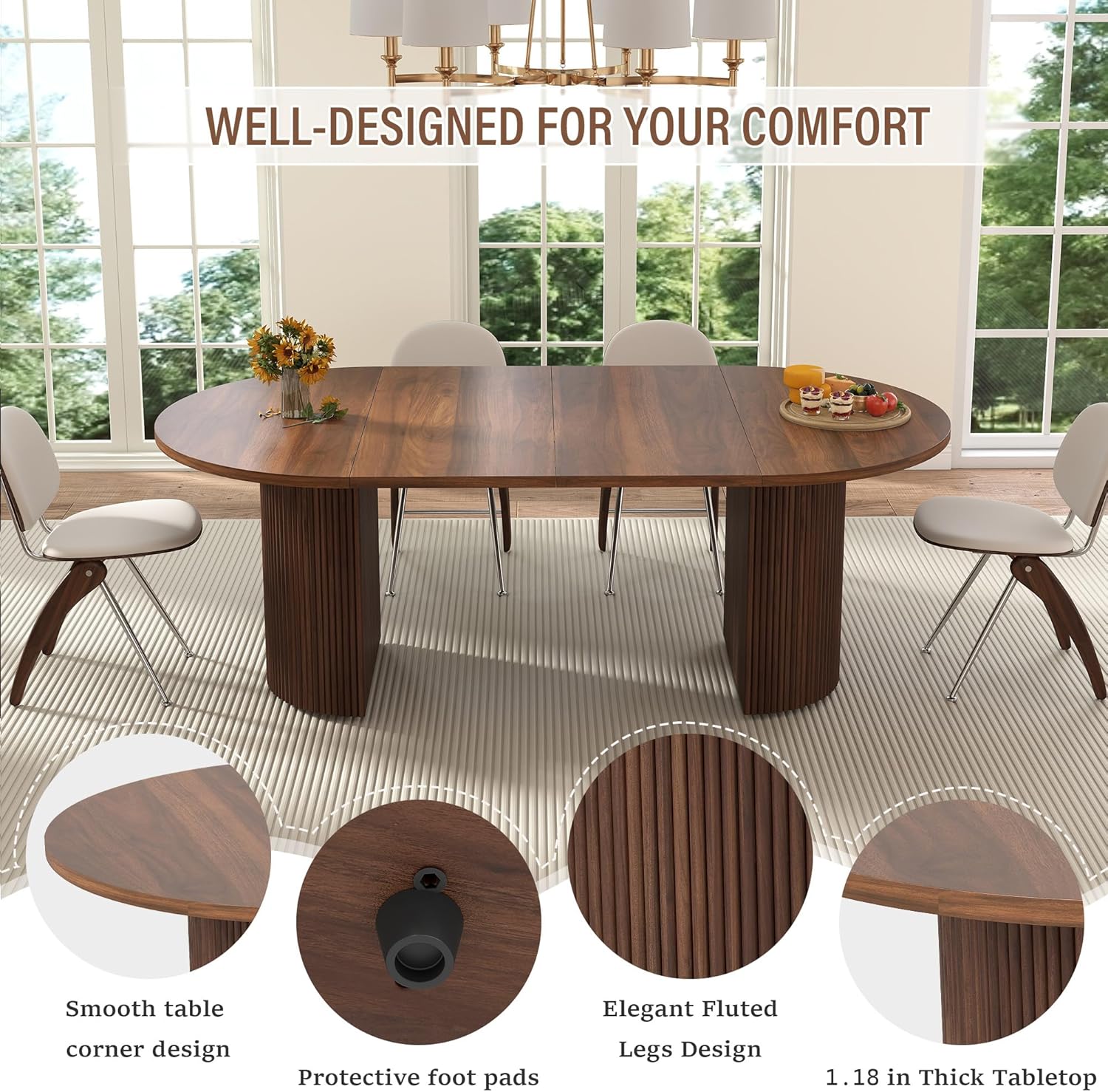 41 in-78 in Extendable Dining Room Table for 4-8, Round Expandable Kitchen Table with Fluted Base, Modern Farmhouse Oval Dinner Tables for Dining Room Kitchen Living Room (Walnut)