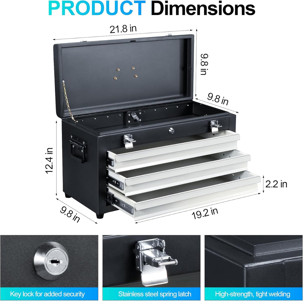 3 Drawers 22" Portable Metal Tool Box, Heavy Duty Toolbox with Double Locking System & Unique Built-in Drawer Lock, Tool Chest Organizer for Workshop, Garage, DIY Office Storage