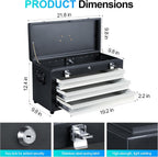 3 Drawers 22" Portable Metal Tool Box, Heavy Duty Toolbox with Double Locking System & Unique Built-in Drawer Lock, Tool Chest Organizer for Workshop, Garage, DIY Office Storage
