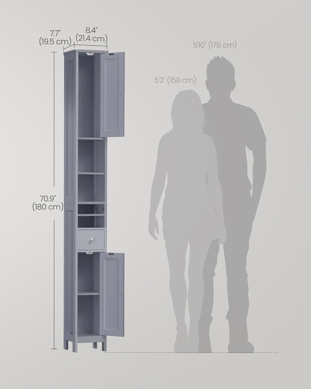 VASAGLE Tall Bathroom Cabinet, Slim Freestanding Bathroom Storage Cabinet with Adjustable Shelves, Drawer, Open Compartments, for Small Spaces, Modern, Dove Gray UBBC765G02