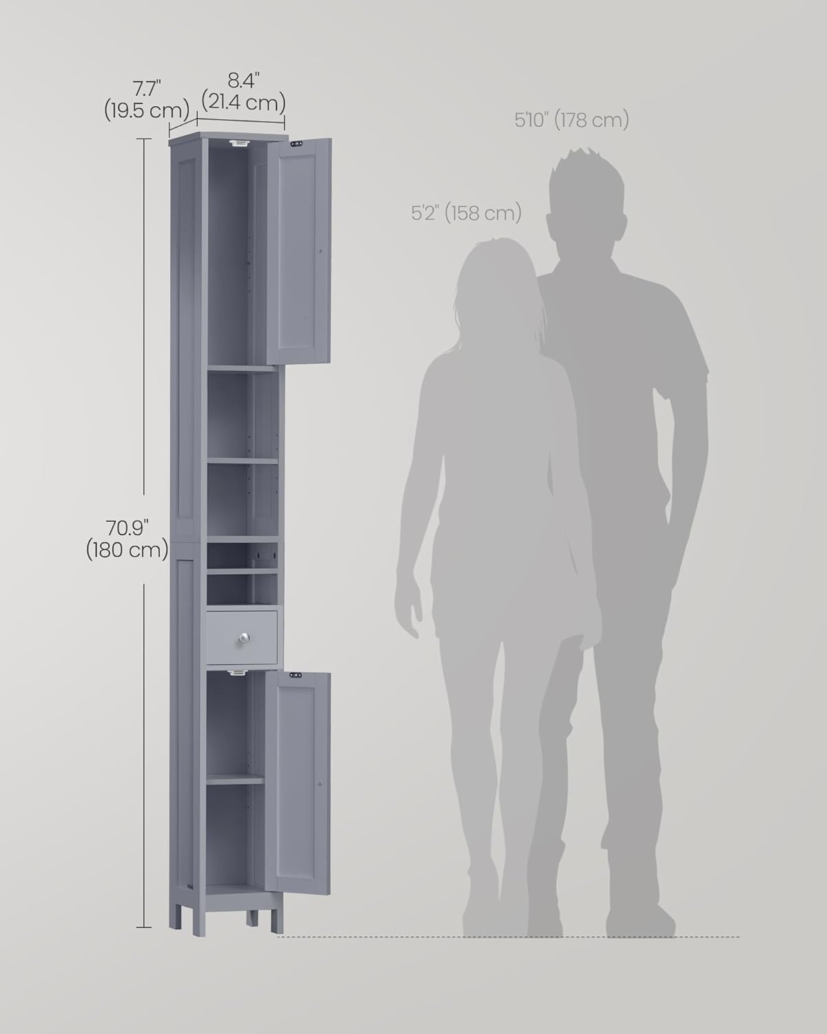 VASAGLE Tall Bathroom Cabinet, Slim Freestanding Bathroom Storage Cabinet with Adjustable Shelves, Drawer, Open Compartments, for Small Spaces, Modern, Dove Gray UBBC765G02