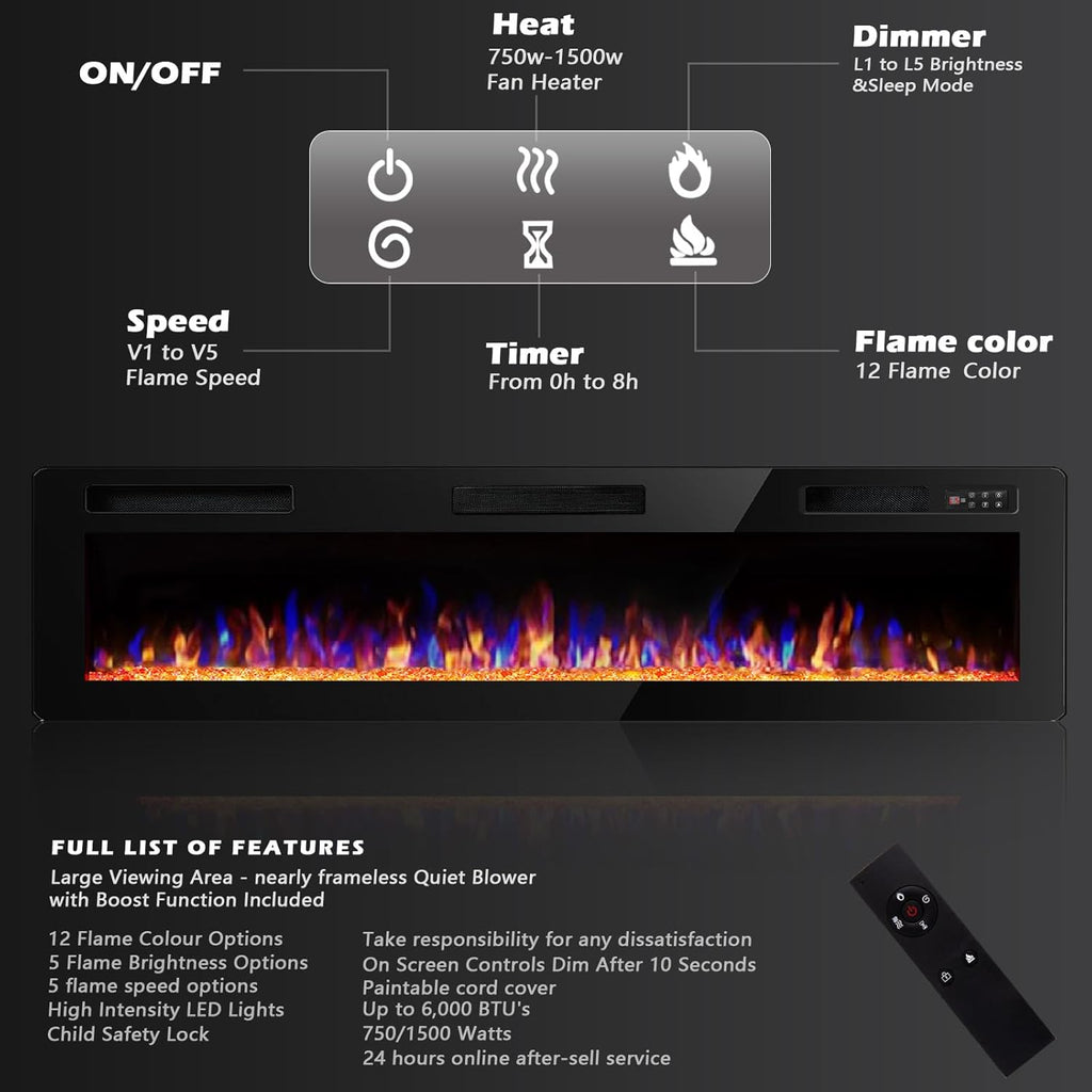 BOSSIN 72 inch Ultra-Thin Silence Linear Electric Fireplace, Recessed Wall Mounted Fireplace, Fit for 2 x 4 and 2 x 6 Stud, 12 Adjustable Flame Color & Speed,Touch Screen Remote Control with 8h Timer