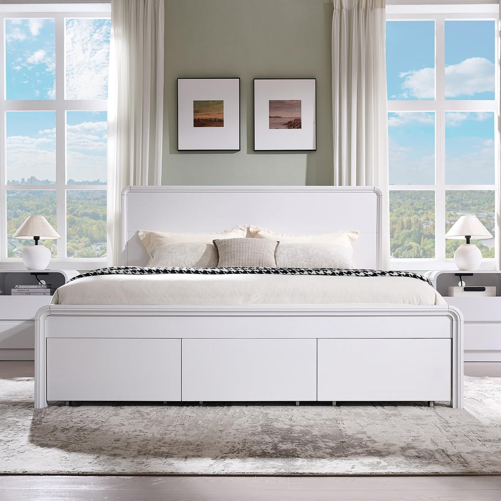 Modern King Size Bed Frame with 50" Tall Headboard, Wood King Size Platform Bed Frame w/3 Storage Drawers, Curved Profile Design, Wood & Steel Platform Bed, No Box Spring Needed, White