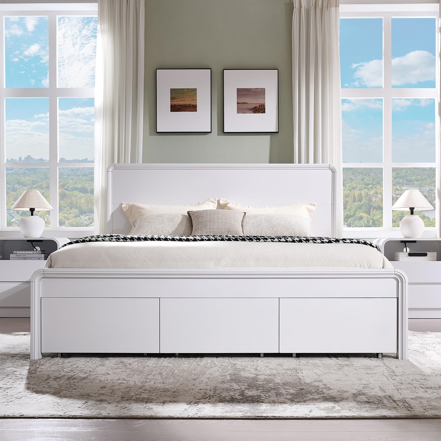 Modern King Size Bed Frame with 50" Tall Headboard, Wood King Size Platform Bed Frame w/3 Storage Drawers, Curved Profile Design, Wood & Steel Platform Bed, No Box Spring Needed, White