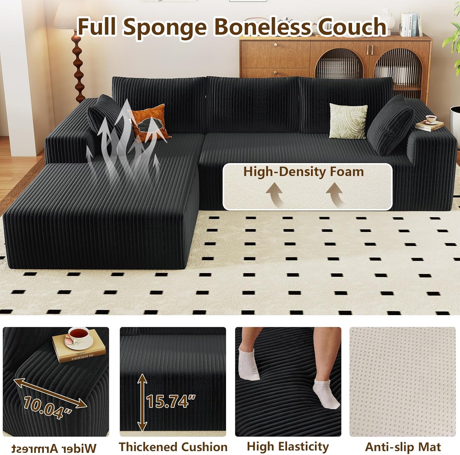 96" Modular Sectional Couch, Boneless L Shaped Cloud Sofa with Chaise Lounge, Corduroy Upholstered Couches Memory Foam Deep Seat, No Assembly Required, Ideal for Living Room(Black, Left Facing)