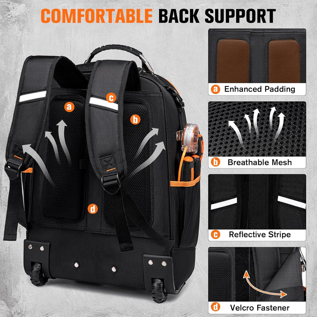 2-In-1 Rolling Tool Backpack Heavy Duty, 47 Pockets Rolling Tool Bag with Wheels, Tool Bag Backpack with Retractable Handle, 1680D, Backpack for Tools HVAC Electrician Construction Worker Mechanic