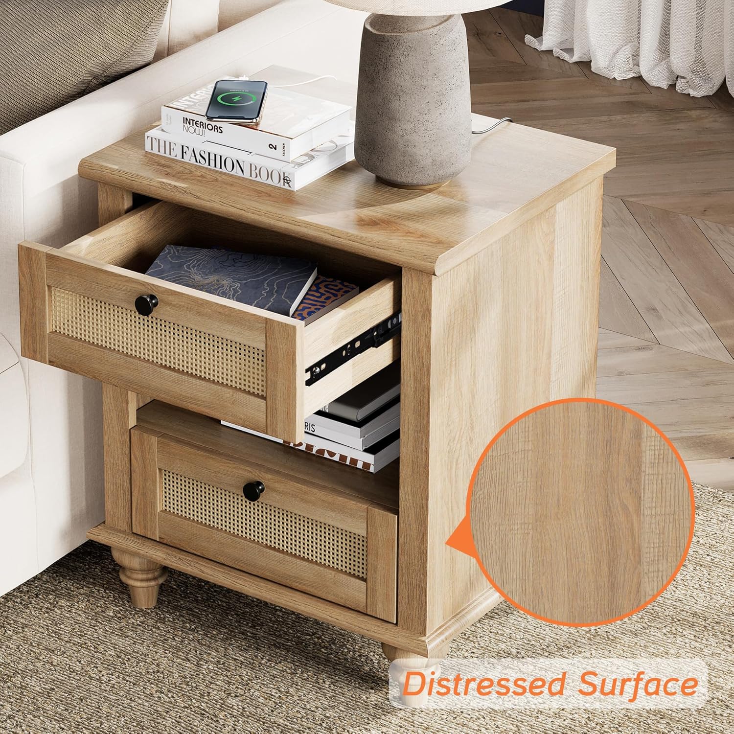 WAMPAT Rattan End Table with Charging Station for Living, Small Sofa Side Table with 2 Drawers & Open Shelf, Farmhouse Wooden Night Stand Retro Bedside Table for Living Room, Light Oak