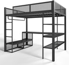 Bellemave Queen Size Loft Bed with Storage Shelves & Hanging Rod, Metal Queen Loft Bed Frame with Desk for Kids Teens, Black