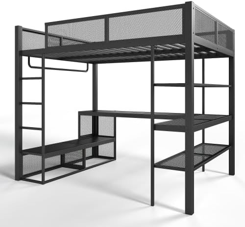 Bellemave Queen Size Loft Bed with Storage Shelves & Hanging Rod, Metal Queen Loft Bed Frame with Desk for Kids Teens, Black