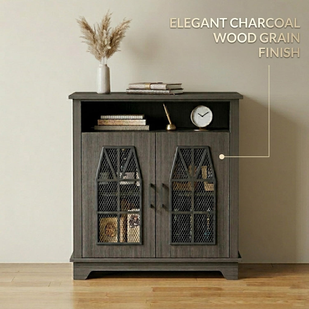 Farmhouse Storage Cabinet, Rustic Sideboard with Industrial Iron Mesh Door, Buffet Cabinet with Storage, Multipurpose Side End Table for Entryway, Dining Room, Kitchen, Black