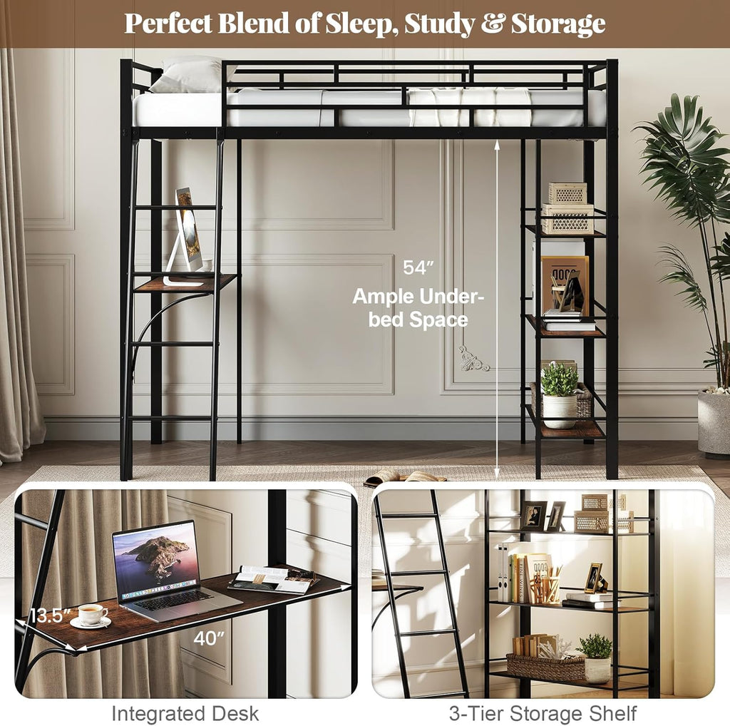 Giantex Twin Size Loft Bed with Desk & Shelves, Metal Bed Frame with Inclined Ladder & Full-Length Guardrails, High Loft Bed for Kids, Teens, Home, Dorm, Apartment, No Box Spring Needed