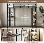 Giantex Twin Size Loft Bed with Desk & Shelves, Metal Bed Frame with Inclined Ladder & Full-Length Guardrails, High Loft Bed for Kids, Teens, Home, Dorm, Apartment, No Box Spring Needed