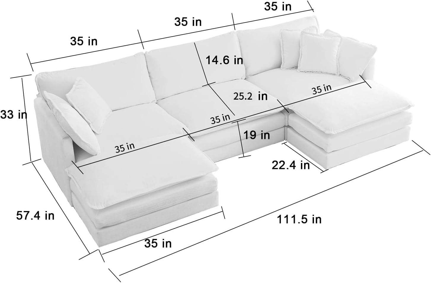 111.5" Beige Modular Sectional Sofa, 3 Seater Large Sectional Couches for Living Room, Ivory Off-White Chenille Fabric Oversized Cloud Couch with Ottoman, Modern Sofas Set, Sofas para Sala, U Shaped