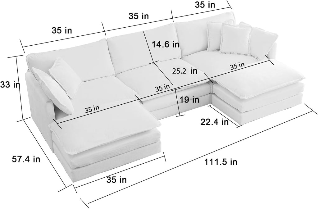 111.5" Beige Modular Sectional Sofa, 3 Seater Large Sectional Couches for Living Room, Ivory Off-White Chenille Fabric Oversized Cloud Couch with Ottoman, Modern Sofas Set, Sofas para Sala, U Shaped