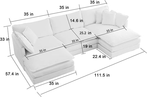 111.5" Beige Modular Sectional Sofa, 3 Seater Large Sectional Couches for Living Room, Ivory Off-White Chenille Fabric Oversized Cloud Couch with Ottoman, Modern Sofas Set, Sofas para Sala, U Shaped