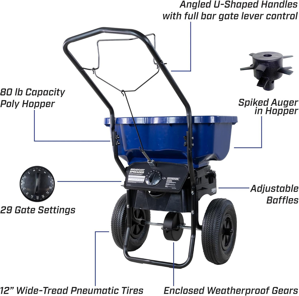 Chapin 88200A Spreader  Salt  Ice Melt  All Season  SaltPro  Walk Behind  Spiked Auger  Adjustable Baffles  12" Tires  Coated Steel Frame  Enclosed Gears  Weather-Resistant  Rain Cover  80Lbs