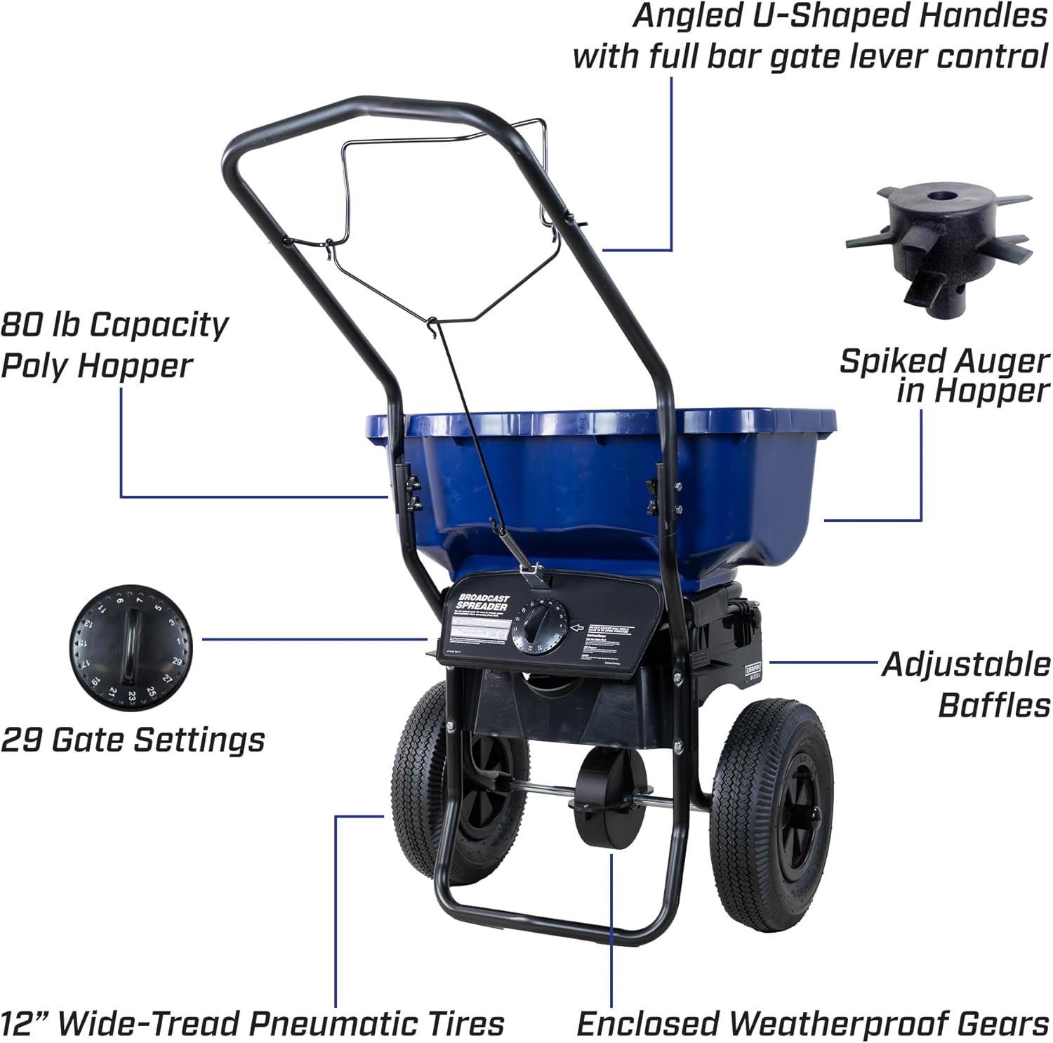 Chapin 88200A Spreader  Salt  Ice Melt  All Season  SaltPro  Walk Behind  Spiked Auger  Adjustable Baffles  12" Tires  Coated Steel Frame  Enclosed Gears  Weather-Resistant  Rain Cover  80Lbs