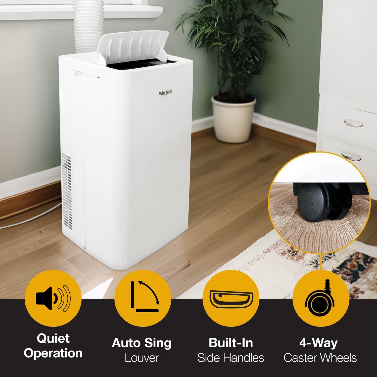Whirlpool 12,000 BTU Portable Air Conditioner with Dehumidifier for Living Room, Apartment, or Bedroom, 115V, Portable AC for Medium Rooms up to 550 Square Feet with Remote, 3 Speeds, and Timer, White