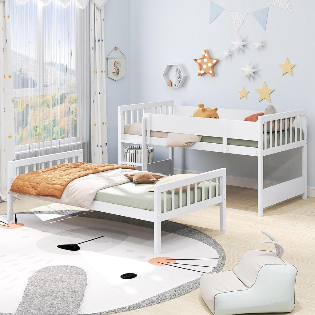 Giantex Wood Bunk Bed Twin Over Twin, Solid Wood Bunk Bed Frame with Ladder & Safety Guardrails, Space-Saving Convertible Bunk Beds for Kids Teens Juniors, Can Be Divided Into Two Twin Beds, White