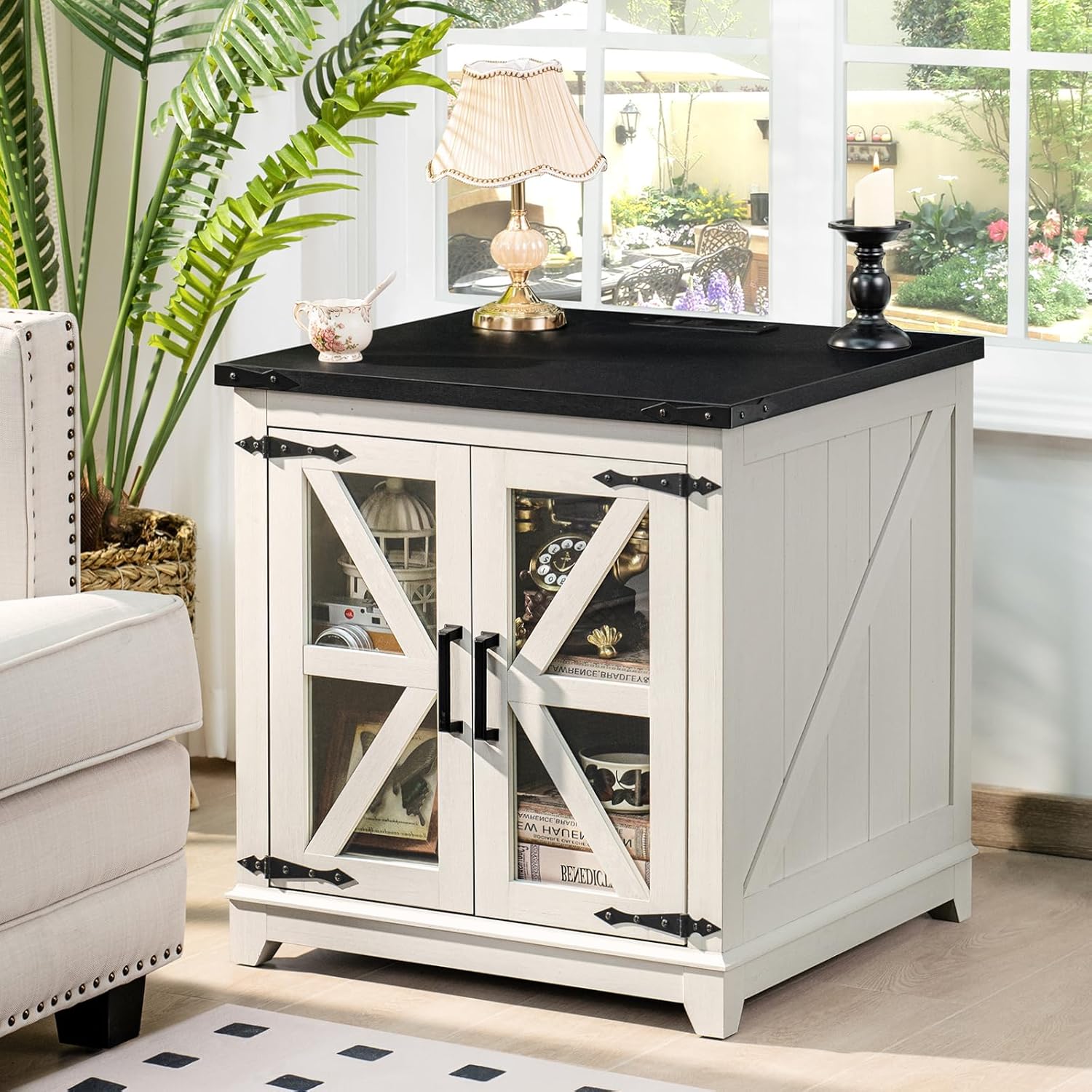 Farmhouse End Table with Charging Station Set 2, 24" Large Sofa Side Table with Glass Barn Door,White Nightstand with Adjustable Storage Shelf,Wood Square Bedside Table for Living Room,Bedroom