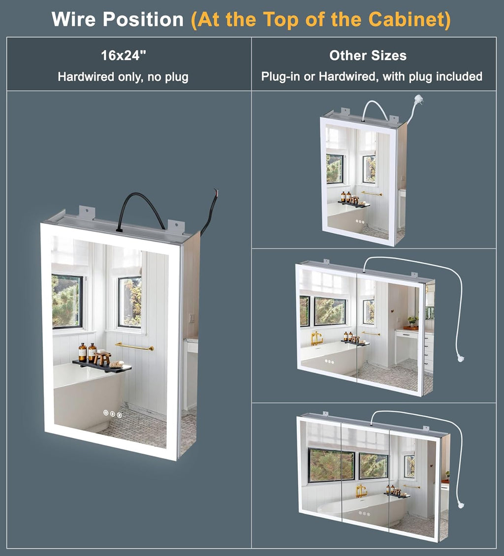 16x24 Inch Medicine Cabinet with Lights, Lighted Medicine Cabinet with Mirror, AL Alloy Frame, Hardwired, Recessed or Wall Mount, 3 Light Colors/Dimmable/Defog,2 Outlets&USBs, 2 Shelves
