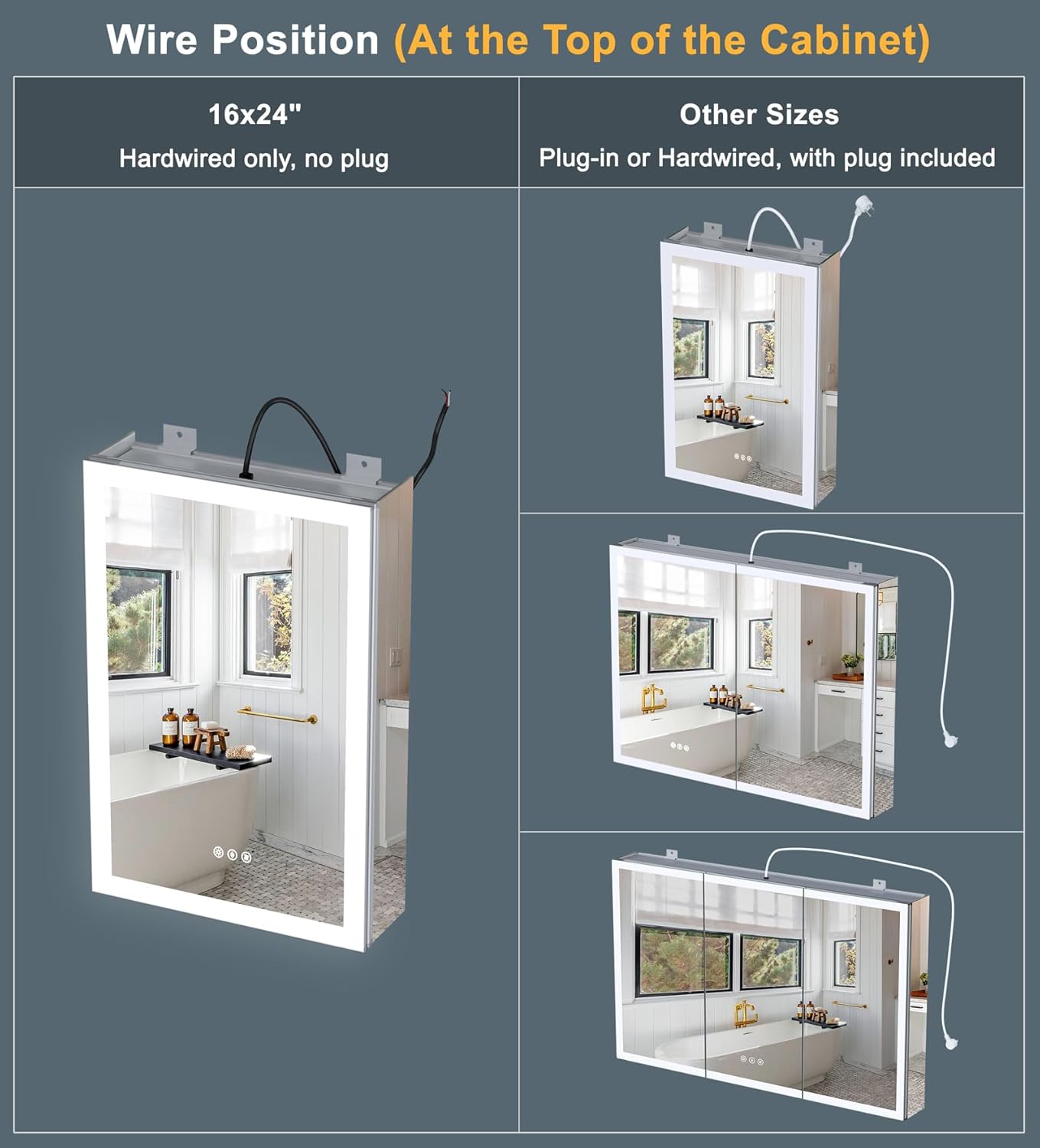 16x24 Inch Medicine Cabinet with Lights, Lighted Medicine Cabinet with Mirror, AL Alloy Frame, Hardwired, Recessed or Wall Mount, 3 Light Colors/Dimmable/Defog,2 Outlets&USBs, 2 Shelves