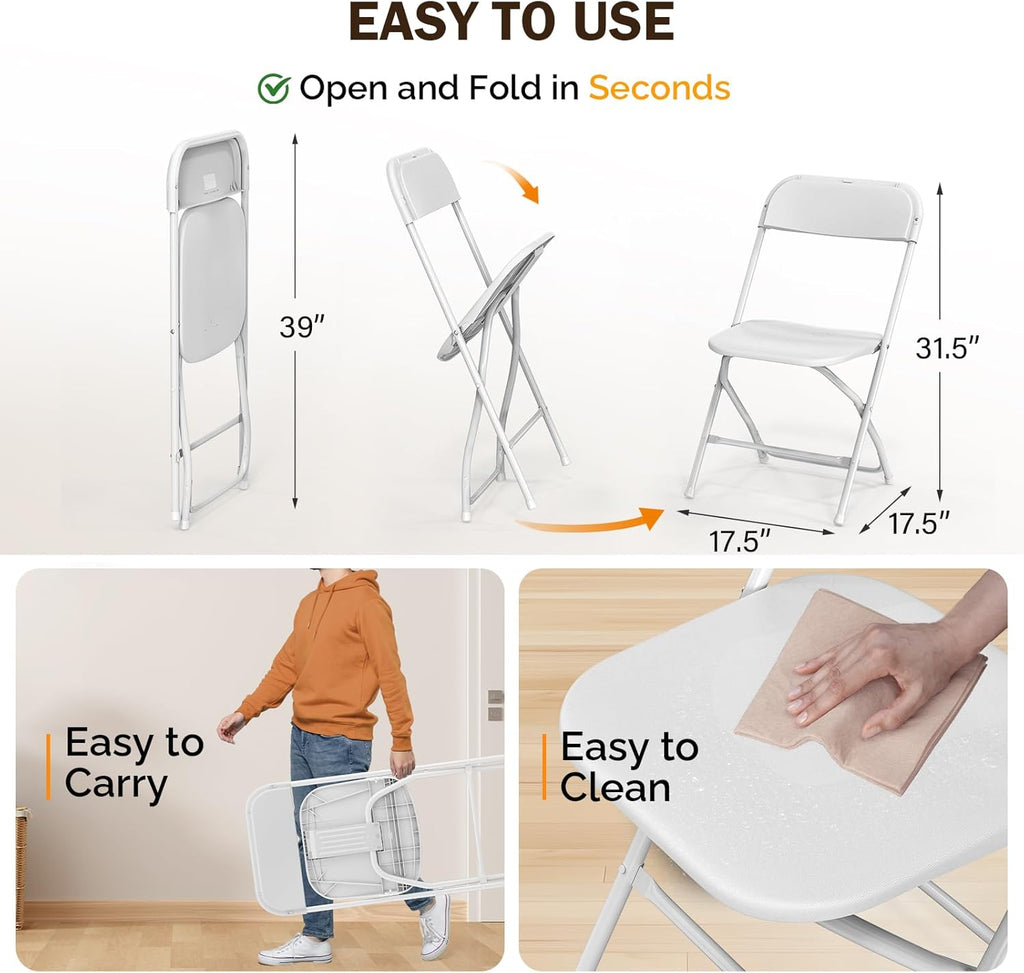 Bonnlo Folding Chairs Set of 10, White Plastic Chair Sturdy Seat with Metal Frame, Perfect for Party, Event, Wedding, Birthday, Office, Outside Entertaining