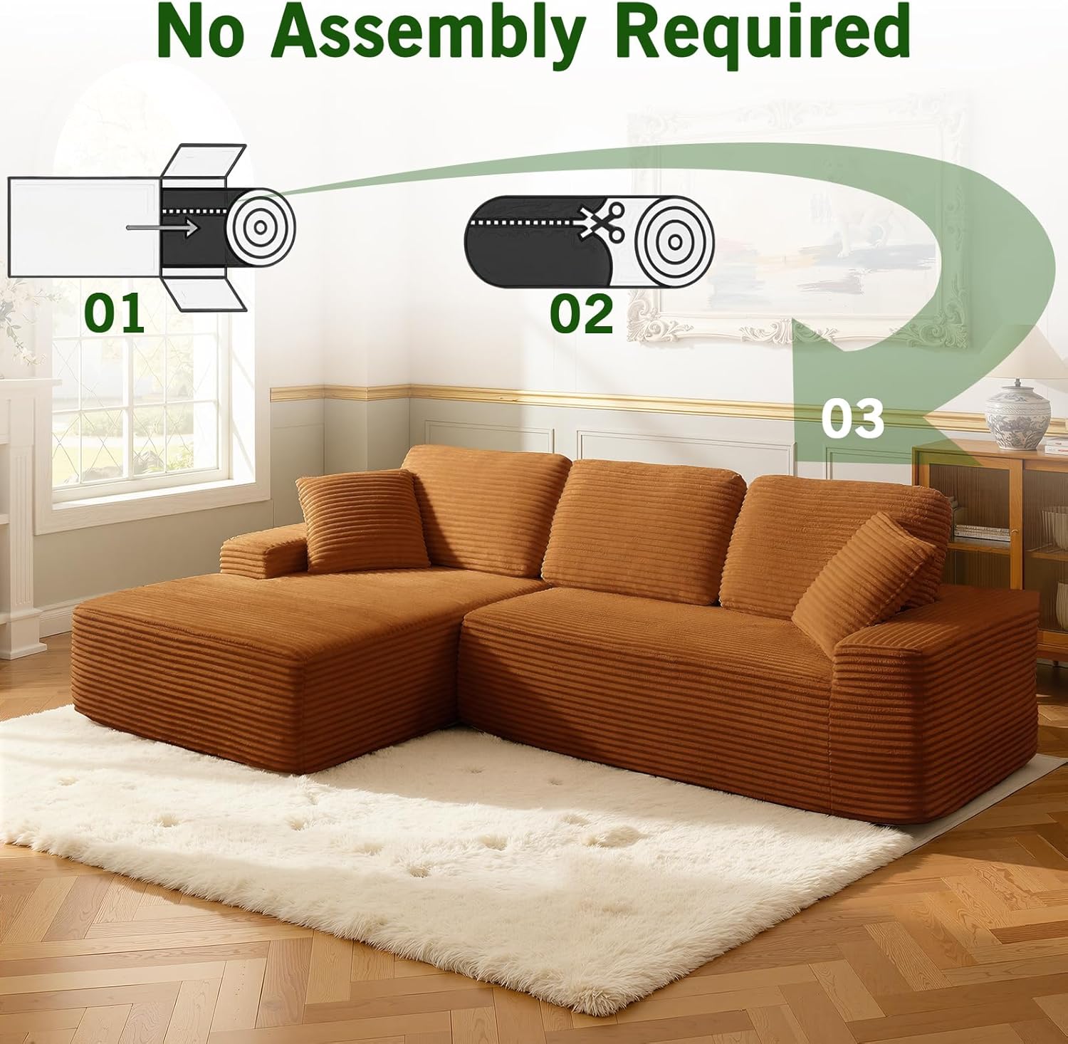 109.4” Modular Sectional Sofa, Convertible Sofa Bed, No Assembly Required Cloud Couch with Deep Seat, Modern L-Shaped Boneless Sofa for Living Room (Orange)