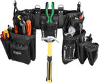 FUERI Leather Tool Belts with Suspender for Men, Heavy-Duty Durable Carpenter Tool Rig Organizer With 19 Pockets-2 Pouches, Padded Suspender, Hammer Holder, D-Loops & Foam-Padded Belt Electricians