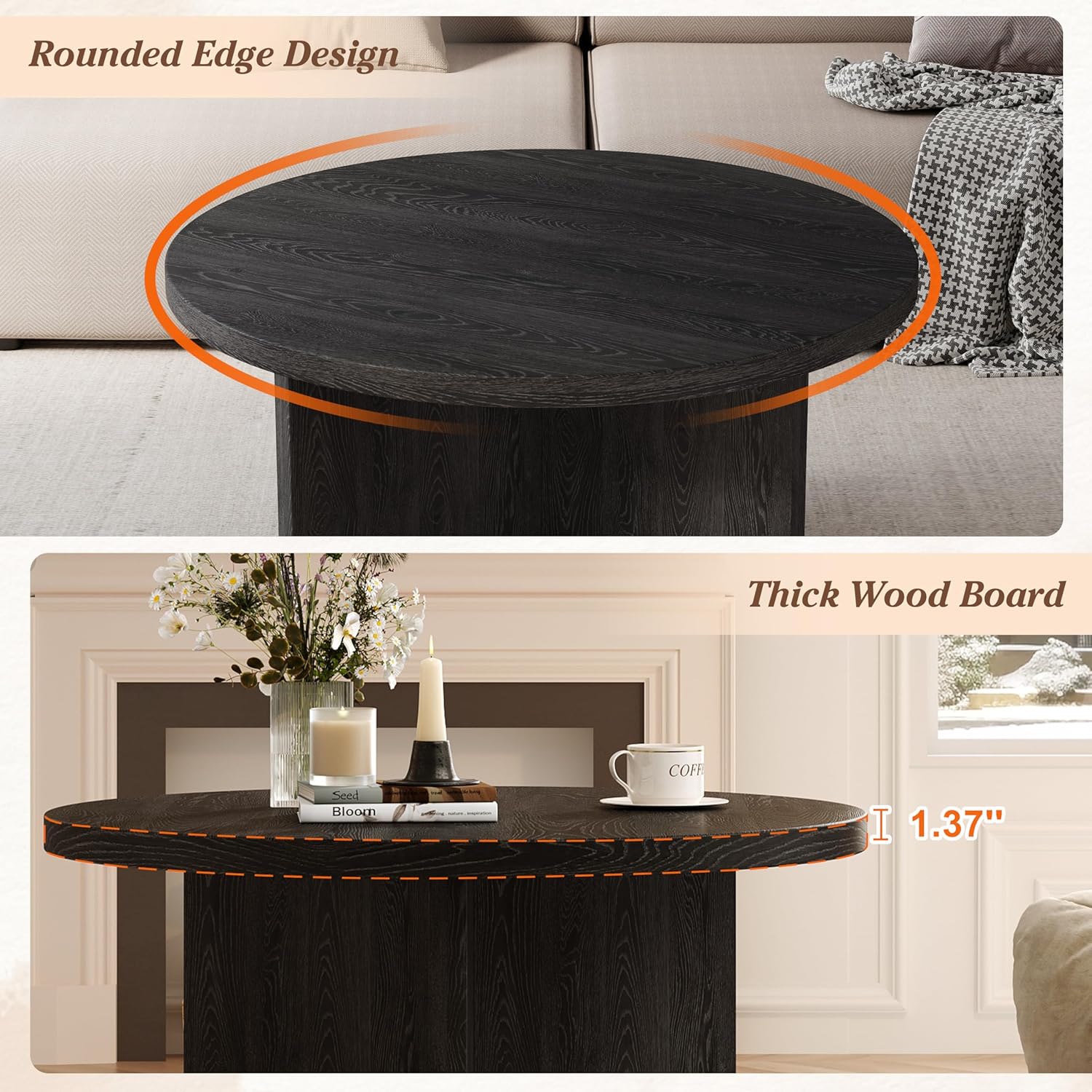 Luoxiao 27.5" Round Black Coffee Table, Modern Wood Grain Center Table with Triangle Pedestal Base, Low Profile Circular Accent Table for Living Room, Small Spaces & Apartments, Easy Assembly
