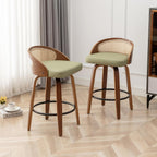 26" Swivel Rattan Bar Stools Set of 2,Mid-Century Modern Green Faux Leather Upholstered Counter Height Stools,Kitchen Island Barstools with Rattan Low Backrest,Walnut Wood Finish Bar Chairs