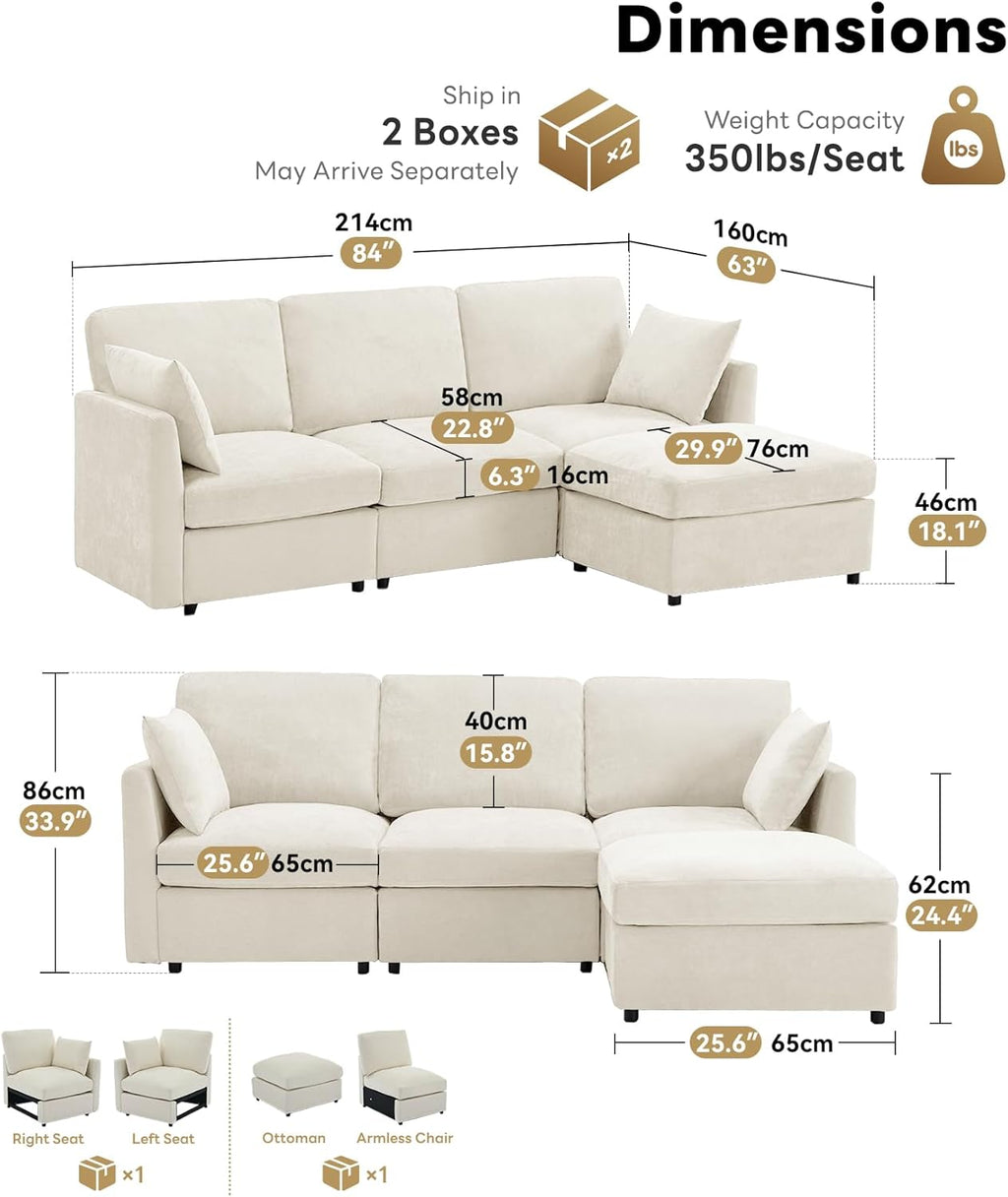 Sectional Cloud Couch for Living Room, Spring Cushion Seating, L Shaped Convertible Modular Sofa with Ottoman, Beige | Movable, Balanced Comfort, Soft-Strong Chenille, Apartment-Friendly