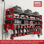 12 Cordless Drill Holder Large Power Tool Organizer Wall Mount with Side Pegboard & Screwdriver Holder, 4-Tier Heavy Duty Metal Tool Storage Rack with 4-Outlet Power Strip