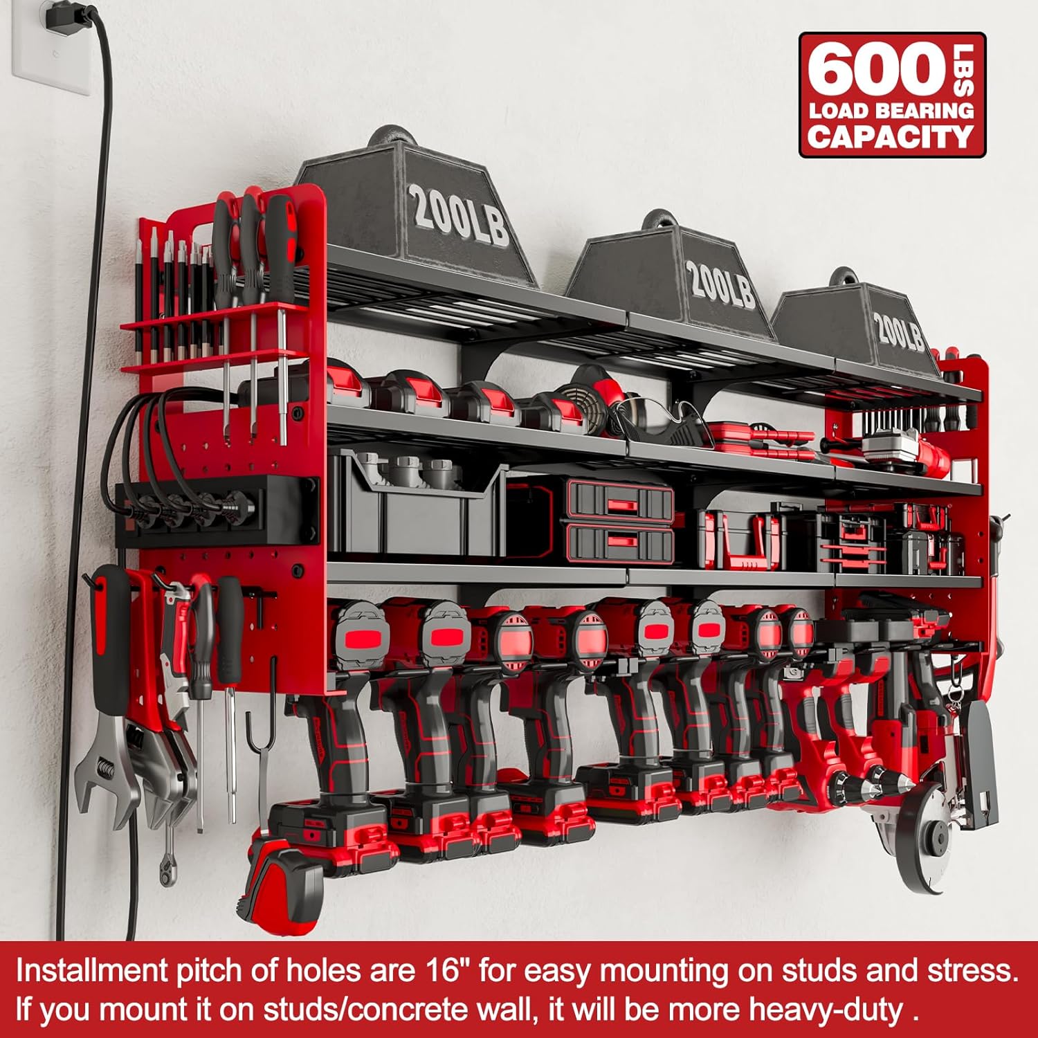 12 Cordless Drill Holder Large Power Tool Organizer Wall Mount with Side Pegboard & Screwdriver Holder, 4-Tier Heavy Duty Metal Tool Storage Rack with 4-Outlet Power Strip