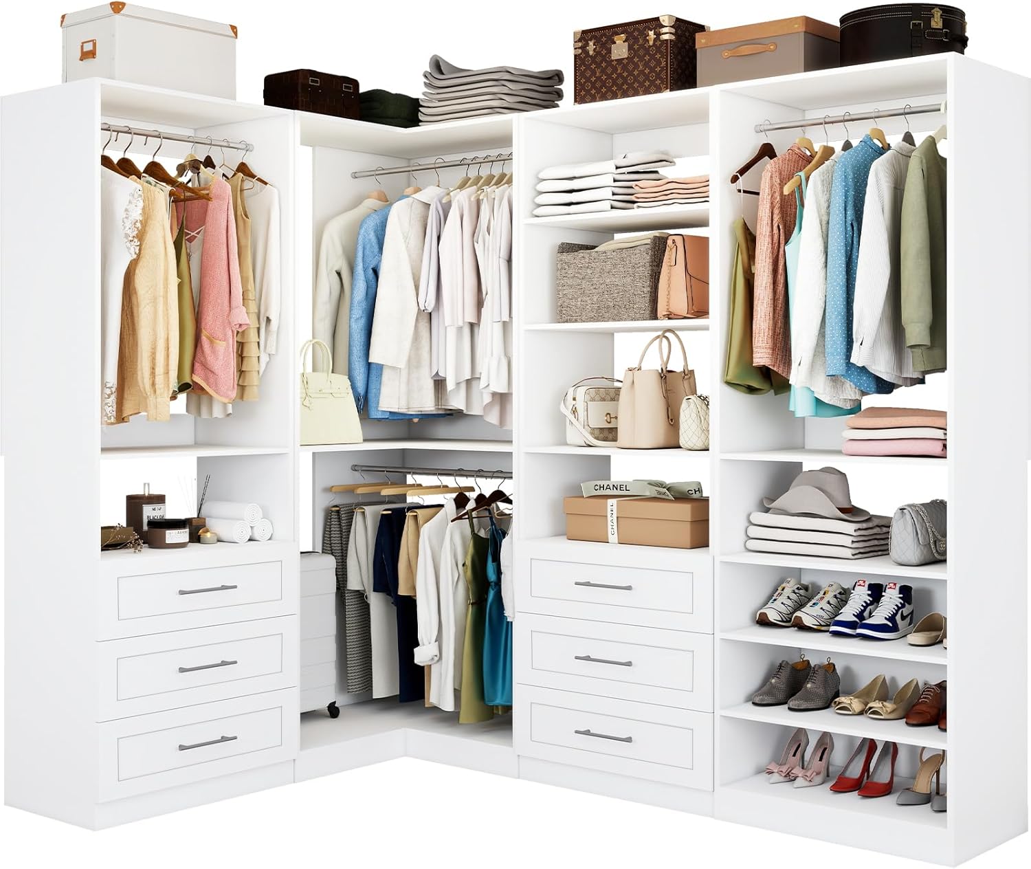 Closet System with 4 sets, 101.9" Closet Organizer Systems with 6 Drawers & 8 Hanging Rods & Adjustable Shelves, Walk in Closet Standing Closet System, Corner Closet System Set, White