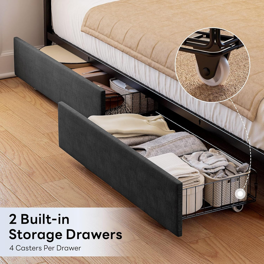 LIKIMIO Full Corner Bed Frame with Storage Drawers and Charging Station, Modern Full Daybed with LED Lights and Upholstered Guardrail, Gray