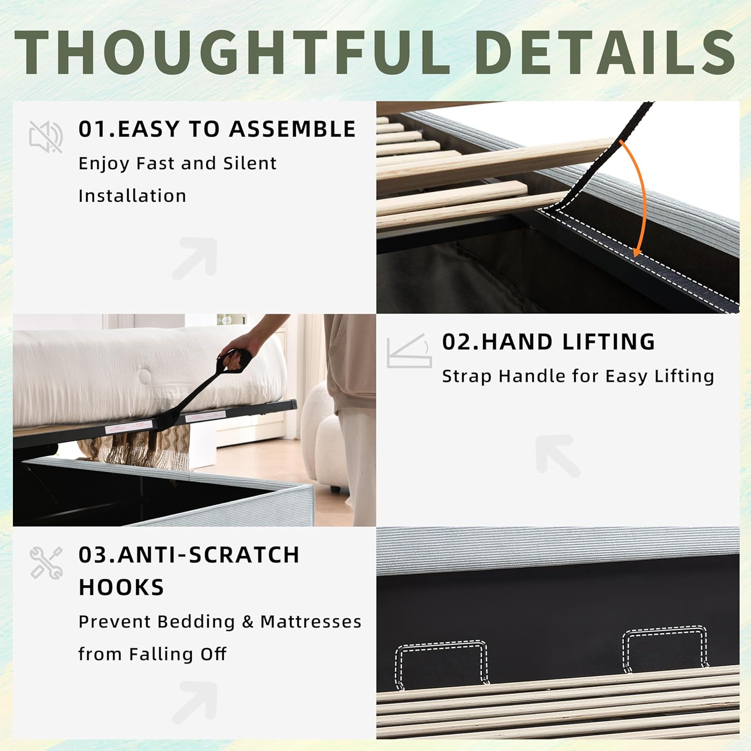 Queen Lift Up Storage Bed, Bed Frame with Storage, Corduroy Upholstered Platform Bed with Wingback Headboard, Hydraulic Support, Wooden Slats, No Box Spring Needed, Easy Assembly, Light Blue