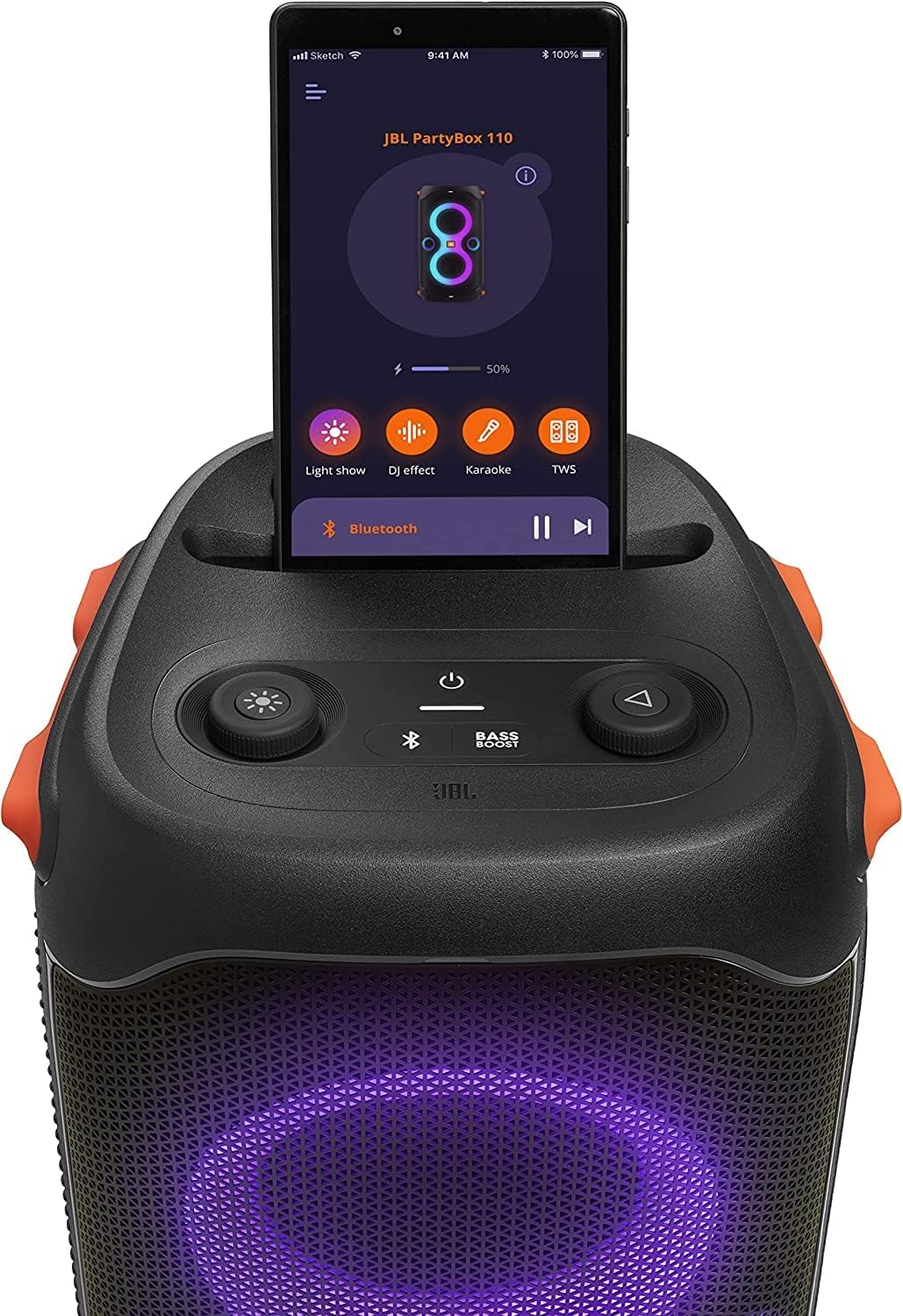 JBL PartyBox 110 - Portable Party Speaker with Built-in Lights  Powerful Sound and deep bass  Black