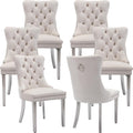 Velvet Dining Chairs Set of 6, Kitchen & Dining Room Chairs Set of 6, Tufted Dining Chairs, Velvet Upholstered, Chrome Metal Legs (Beige)