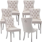 Velvet Dining Chairs Set of 6, Kitchen & Dining Room Chairs Set of 6, Tufted Dining Chairs, Velvet Upholstered, Chrome Metal Legs (Beige)