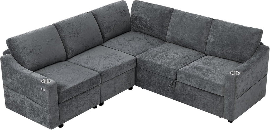 84" Chenille Modular Sofa Bed w/Adjustable Backrests, L-Shape Sleeper Sofa w/USB Ports & Storage Space, Convertible Corner Sectional Couch w/Pull Out Bed for House, Living Room, Grey
