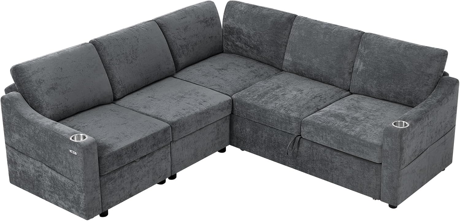 84" Chenille Modular Sofa Bed w/Adjustable Backrests, L-Shape Sleeper Sofa w/USB Ports & Storage Space, Convertible Corner Sectional Couch w/Pull Out Bed for House, Living Room, Grey