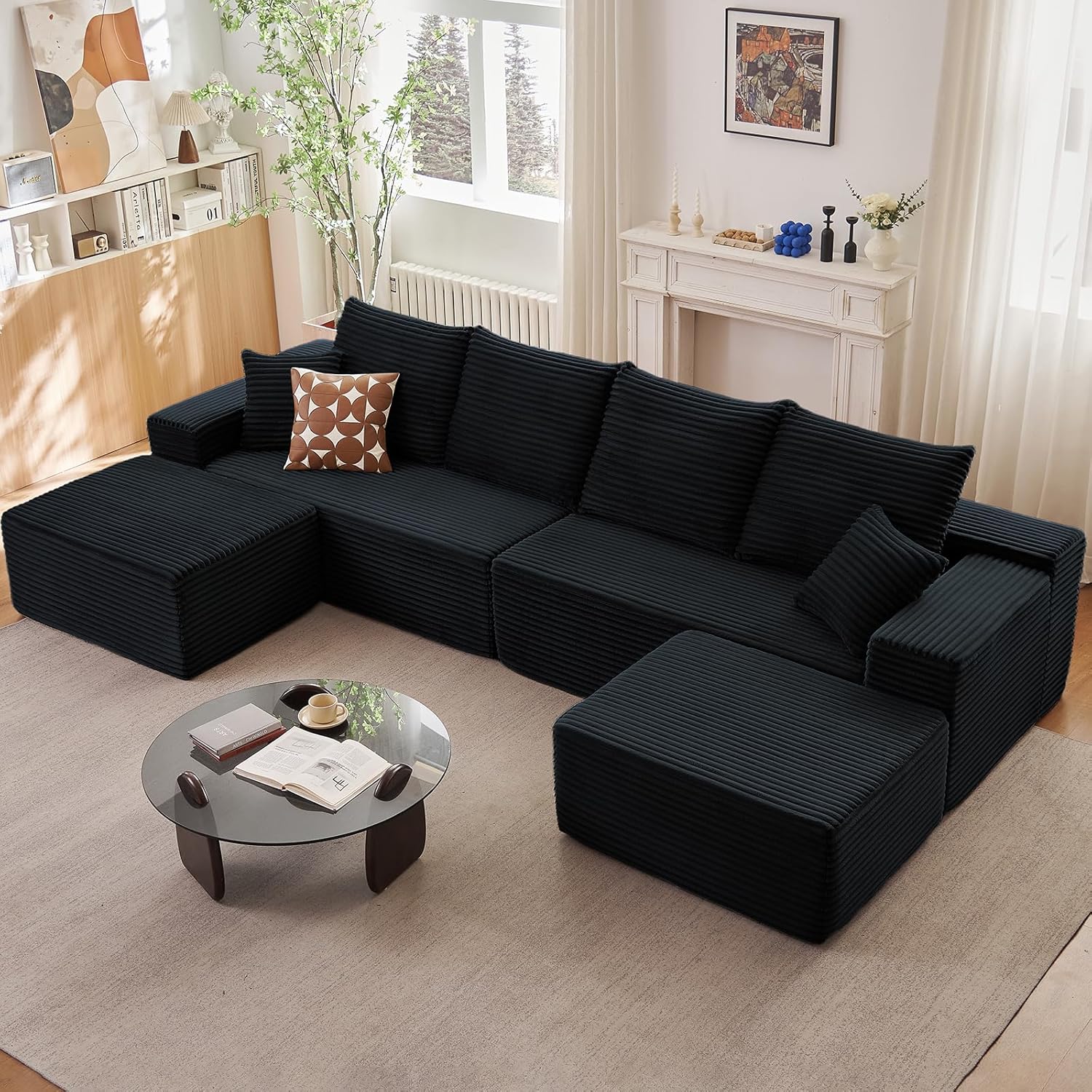 140" Modular Sectional Sofa with 2 Ottomans, Modern Corduroy Cloud Couch with Deep Seat, Boneless Couch Upholstered 4-Seater U-Shaped Sofa for Living Room, No Assembly Required (Black,2 Ottomans)