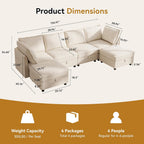 Ihanherry 129.6” Modular Sectional Sofa with Storage, U Shaped Couch for Living Room, 6-Seat Chenille Deep Seat Sofa with Movable Ottoman, Convertible Couches for Bedroom and Apartment .Beige