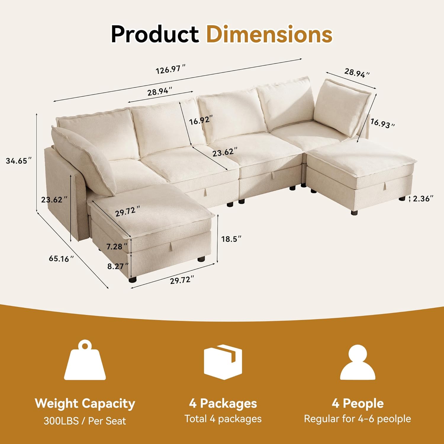 Ihanherry 129.6” Modular Sectional Sofa with Storage, U Shaped Couch for Living Room, 6-Seat Chenille Deep Seat Sofa with Movable Ottoman, Convertible Couches for Bedroom and Apartment .Beige
