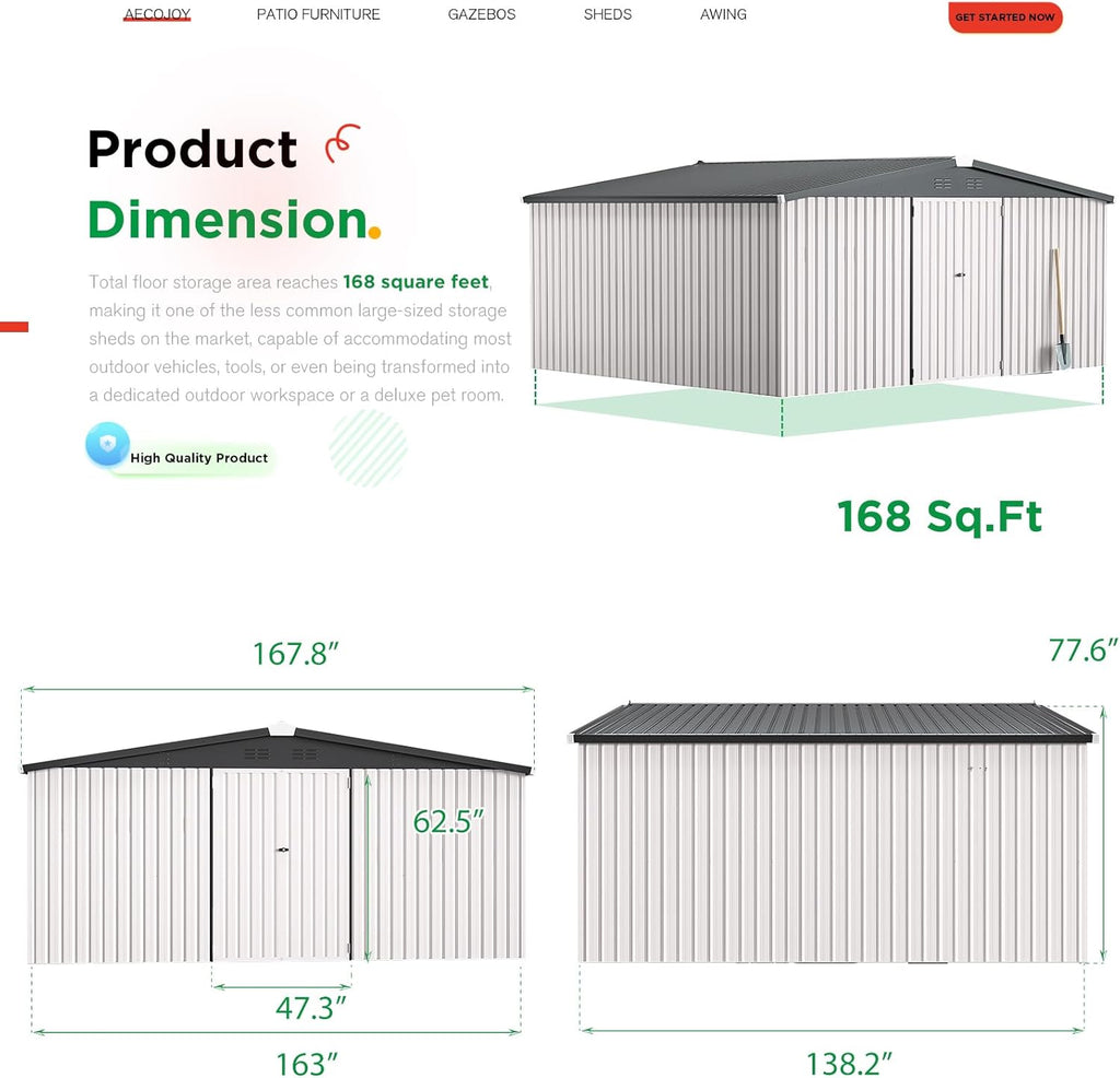 AECOJOY 12' x 14' Outdoor Storage Shed  Large 14x12 Metal Sheds & Outdoor Storage Clearance Steel Yard Shed with Lockable Doors  Utility Tool Storage Garden Shed for Backyard  Patio and Outside use