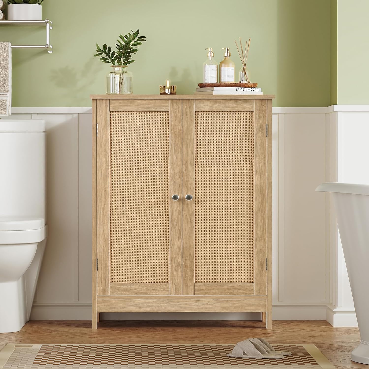 Iwell Storage Cabinet, Rattan Cabinet with Adjustable Shelf, for Living Room, Entryway, Kitchen, Home Office, Nature